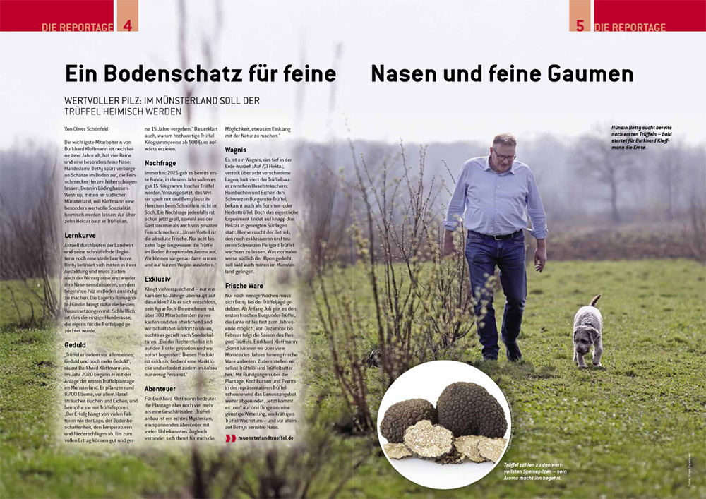 Doppelseite aus der Zeitschrift GLÜCK mit Burkhard Kleffmann und seinem Trüffelhund als großes Foto im Hintergrund. Titel der Artikels: »Ein Bodenschatz für feine Nasen ud feine Gaumen.«