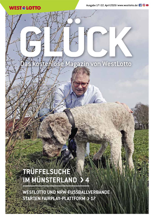 Titel der Zeitschrift GLÜCK mit Burkhard Kleffmann und seinem Trüffelhund als Motiv der Titelstory »Trüffelsuche im Münsterland«
