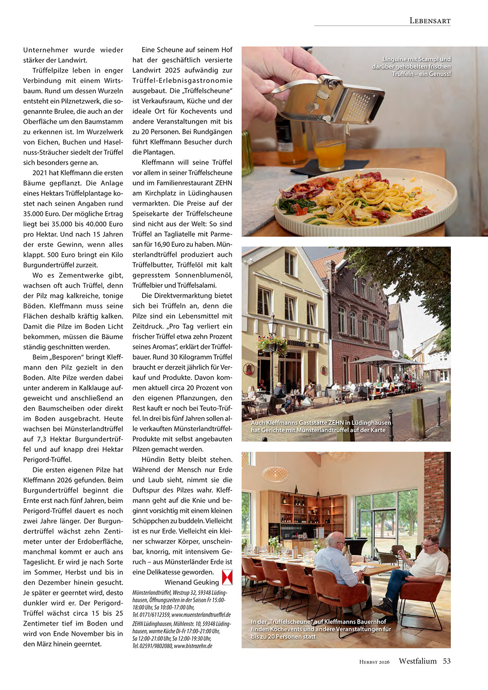 Zweite Seite eines Artikels aus der Zeitschrift „Westfalium“ (Herbst 2026). Foto 1: Linguine mit frisch gehobelten Trüffeln, Foto 2: Kleffmanns Gaststätte ZEHN in Lüdinghausen, Foto 3: Innenansicht der Trüffelscheune mit großem Esstisch.